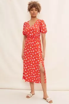 Летнее платье миди с V-образным вырезом рукавами-фонариками и присборенной талией Friends Like These, красный