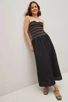 Летнее платье миди с вырезом бандо и резинкой Next, черный