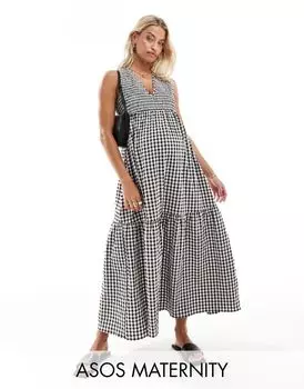 Летнее платье миди с жатым V-образным вырезом и многоярусной юбкой ASOS DESIGN Maternity в черно-белую клетку виши