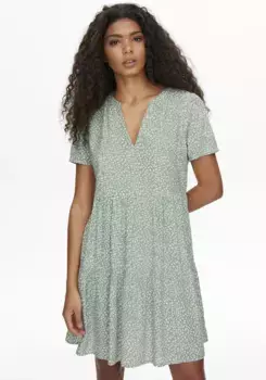 Летнее платье ONLY "ONLZALLY LIFE S/S THEA DRESS NOOS PTM" с многоярусным воланом, цвет Chinois Green Aop:White Leafs