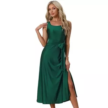 Летнее платье повседневное женское платье макси без рукавов с квадратным вырезом сплошной цвет на талии длинные платья ALLEGRA K, цвет Dark Green