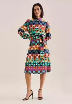 Летнее платье seidensticker "Черная роза", воротник с длинными рукавами и геометрическими узорами, синий