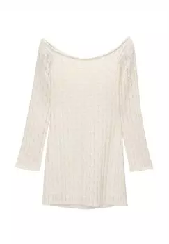 Летнее платье Short Off-The-Shoulder With Openwork PULL&BEAR, бежевое