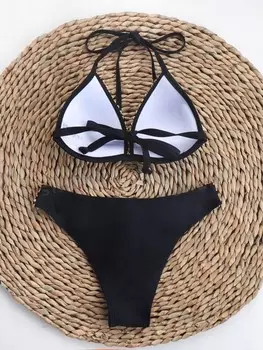 Летнее пляжное бикини с контрастными пайетками и эффектом пуш-ап на косточках Shein, черный