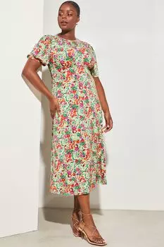 Летнее трикотажное платье миди с короткими рукавами-фонариками и расклешенным подолом Lipsy, зеленый