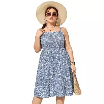 Летние платья больших размеров, женское платье макси без рукавов с квадратным вырезом и струящимися рюшами Kojooin, цвет Blue Print