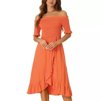Летние присборенные платья для женщин, платье миди с открытыми плечами и оборками по подолу ALLEGRA K, оранжевый