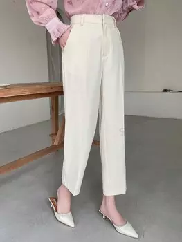 Летние струящиеся узкие укороченные брюки с карманами Dazy, белый
