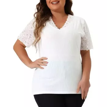 Летние топы больших размеров для женщин, V-образный вырез, короткий рукав, кружевная трикотажная туника в рубчик, блузка Agnes Orinda, белый