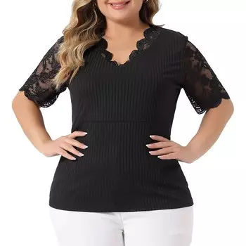Летние топы больших размеров для женщин, V-образный вырез, короткий рукав, кружевная трикотажная туника в рубчик, блузка Agnes Orinda, черный