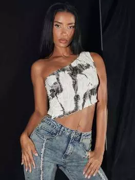 Летние женские топы SHEIN BAE с принтом тай-дай, неровными краями и украшениями с бахромой: мода для показа, уличный стиль и повседневный стиль, черный и белый