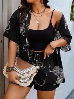 Летний комплект из топа и шорт больших размеров VCAY со случайным узором Shein, черный