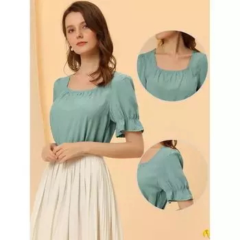 Летний крестьянский топ для женщин, повседневная блузка с квадратным вырезом и оборками и короткими рукавами ALLEGRA K