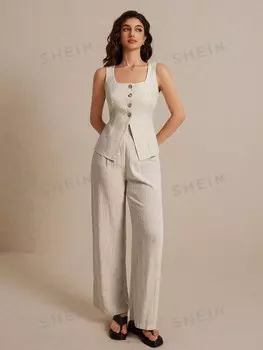 Летний льняной костюм Frenchy, комплект из двух предметов, женский, простой модный, пуговицы контрастного цвета, комплект из топа и брюк без рукавов, удобный в ношении Shein, хаки