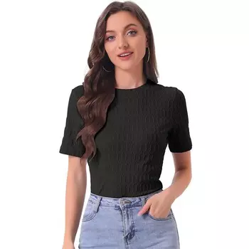 Летняя футболка для женщин, повседневный базовый текстурированный топ с круглым вырезом ALLEGRA K, черный