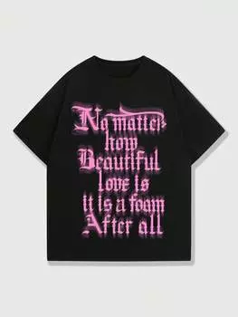 Летняя мужская футболка ROMWE Street Life с коротким рукавом и размытым текстовым принтом, черный цвет