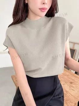 Летняя однотонная трикотажная рубашка без рукавов с повседневным воротником до половины высоты Dazy, серебряный