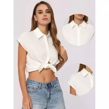 Летняя рубашка на пуговицах для женщин, хлопковая повседневная блузка с короткими рукавами, топы ALLEGRA K, белый