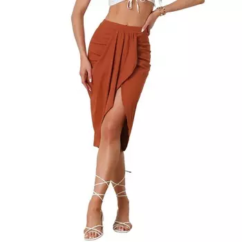 Летняя юбка с разрезом для женщин, асимметричные однотонные повседневные юбки с высокой талией и рюшами ALLEGRA K, цвет Caramel