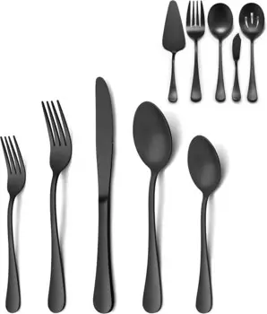 LIANYU Набор из 25 предметов черного серебра с сервировочной посудой, набор столовых приборов из нержавеющей стали на 4 персоны, включая нож, вилку, ложку, столовую утварь, набор посуды для домашней вечеринки в ресторане