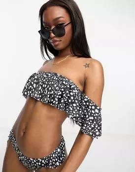 Лиф бикини с рюшами и открытыми плечами ASOS Mix and Match в монохромный принт в горошек со съемными рукавами