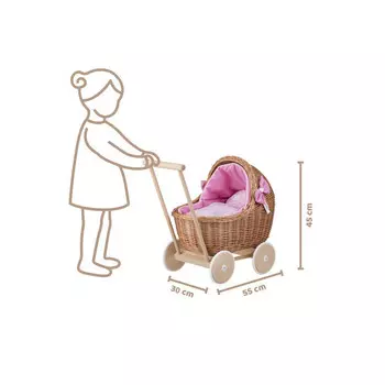 Lili ПЛЕТЕНАЯ КОЛЯСКА ДЛЯ КУКОЛ НА РОЗОВОЙ ПОДКЛАДКЕ 55Х30 В45 СМ - стандартная WickerPL