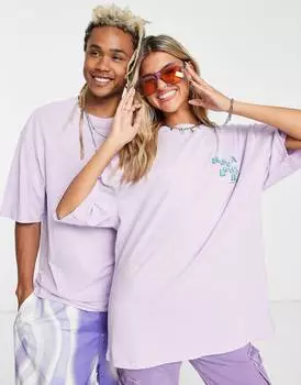 Лиловая футболка оверсайз унисекс с милым дневным принтом COLLUSION