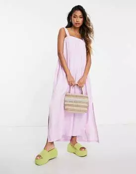 Лиловое льняное платье миди со сборками и квадратным вырезом Topshop