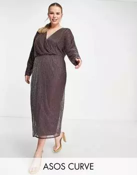 Лиловое платье миди с золотым декором в виде крыла летучей мыши ASOS DESIGN Curve