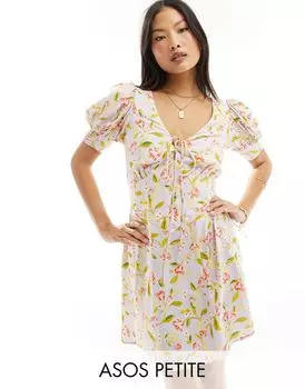 Лиловое платье мини с цветочным принтом и шнуровкой ASOS Petite