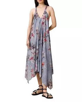 Лиловый асимметричный платье с цветочным принтом ALLSAINTS, синий