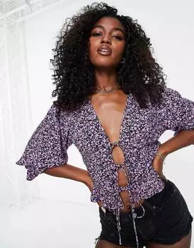 Лиловый топ с завязками спереди и принтом Miss Selfridge