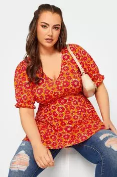 Лимитированная блузка с рюшами на рукавах и V-образным вырезом Yours, оранжевый
