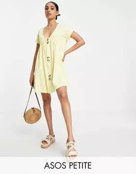 Лимонное мини-платье с короткими рукавами и крупными пуговицами ASOS DESIGN Petite