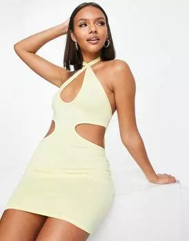 Лимонное мини-платье с вырезом на шее ASYOU