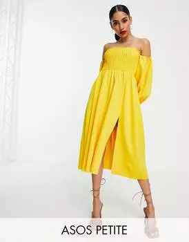Лимонное платье миди для выпускного вечера с блузкой и рукавами-бардо ASOS DESIGN Petite