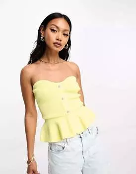 Лимоно-желтый вязаный топ-бандо с баской и жемчужинами River Island