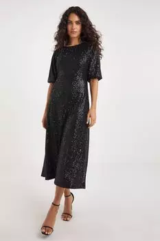 Линейное платье с пышными рукавами и пайетками платье средней длины Jd Williams, черный