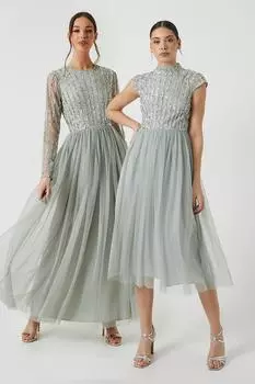 Линейное украшенное платье подружки невесты с короткими рукавами Coast, зеленый