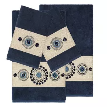 Linum Home Textiles Набор из 4 полотенец из турецкого хлопка с украшением Isabelle, темно-синий
