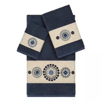 Linum Home Textiles Набор полотенец из 3 предметов из турецкого хлопка с украшением Isabelle, темно-синий