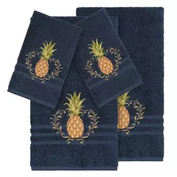Linum Home Textiles Набор полотенец из турецкого хлопка с украшением из 4 предметов, темно-синий