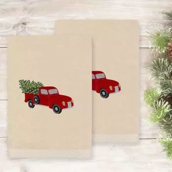 Linum Home Textiles Рождественский грузовик с вышивкой Роскошный набор из турецкого хлопка из 2 полотенец для рук, белый