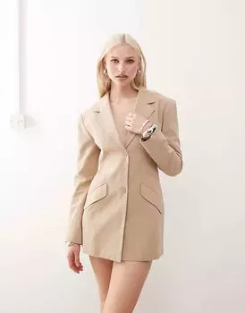 Lioness Horizon льняное хлопковое структурированное мини-платье-блейзер с карманами бежевого цвета