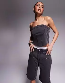 Liquor N Poker - джинсовый корсет без бретелек в стиле утилитарности черного цвета с эффектом грязной стирки