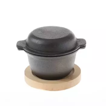 Литая кастрюля с крышкой и деревянной подставкой - чугун - Г: 10 см - В: 9 см - Вместимость: 0,3 л GAUMENKICK