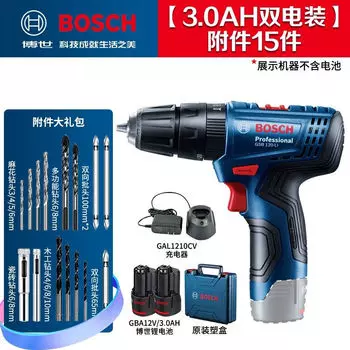 Дрель аккумуляторная Bosch GSB120-Li + два аккумулятора 12V/3.0Ah, зарядное устройство, набор инструментов