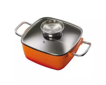 Литой алюминиевый противень KING 20 x 20 см со стеклянной крышкой и кнопкой ароматизации / Цвет: Оранжевый / Керамическое покрытие Внутри: GREBLON Stonehenge