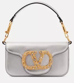 Loc Маленькая кожаная сумка через плечо с металлическими деталями Valentino Garavani, Silver/Crystal