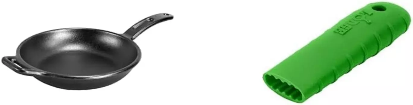 Lodge BOLD 10-дюймовая приправленная чугунная сковорода BOLD Силиконовый держатель для горячей ручки - свежий зеленый, Skillet + Green Handle Holder